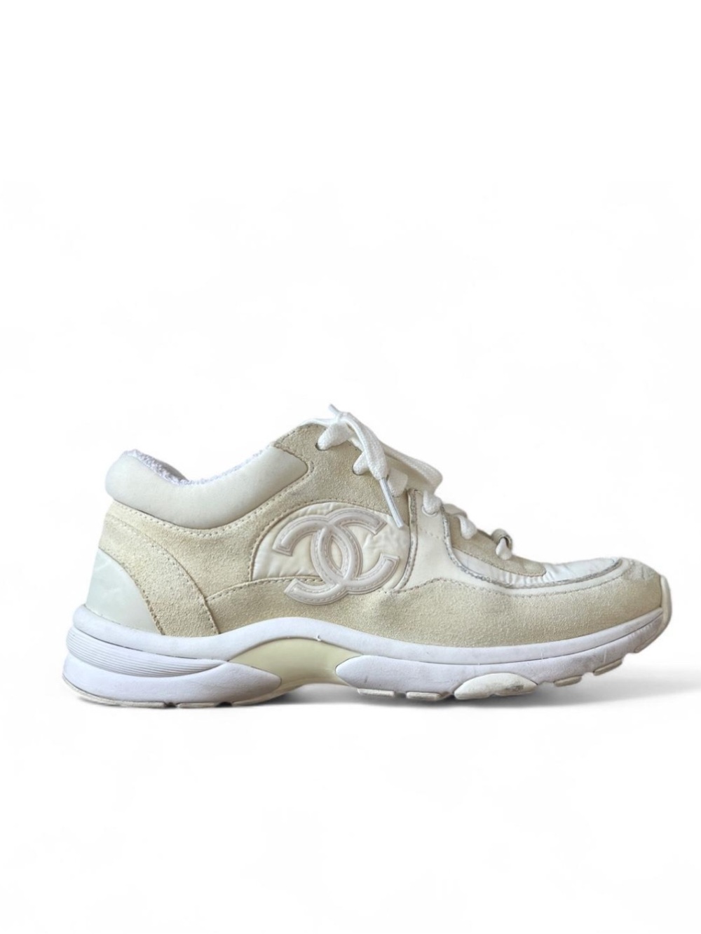 CHANEL White CC Logo Suede Leather Running Classic Sneakers   
W G34360 38 1/2
